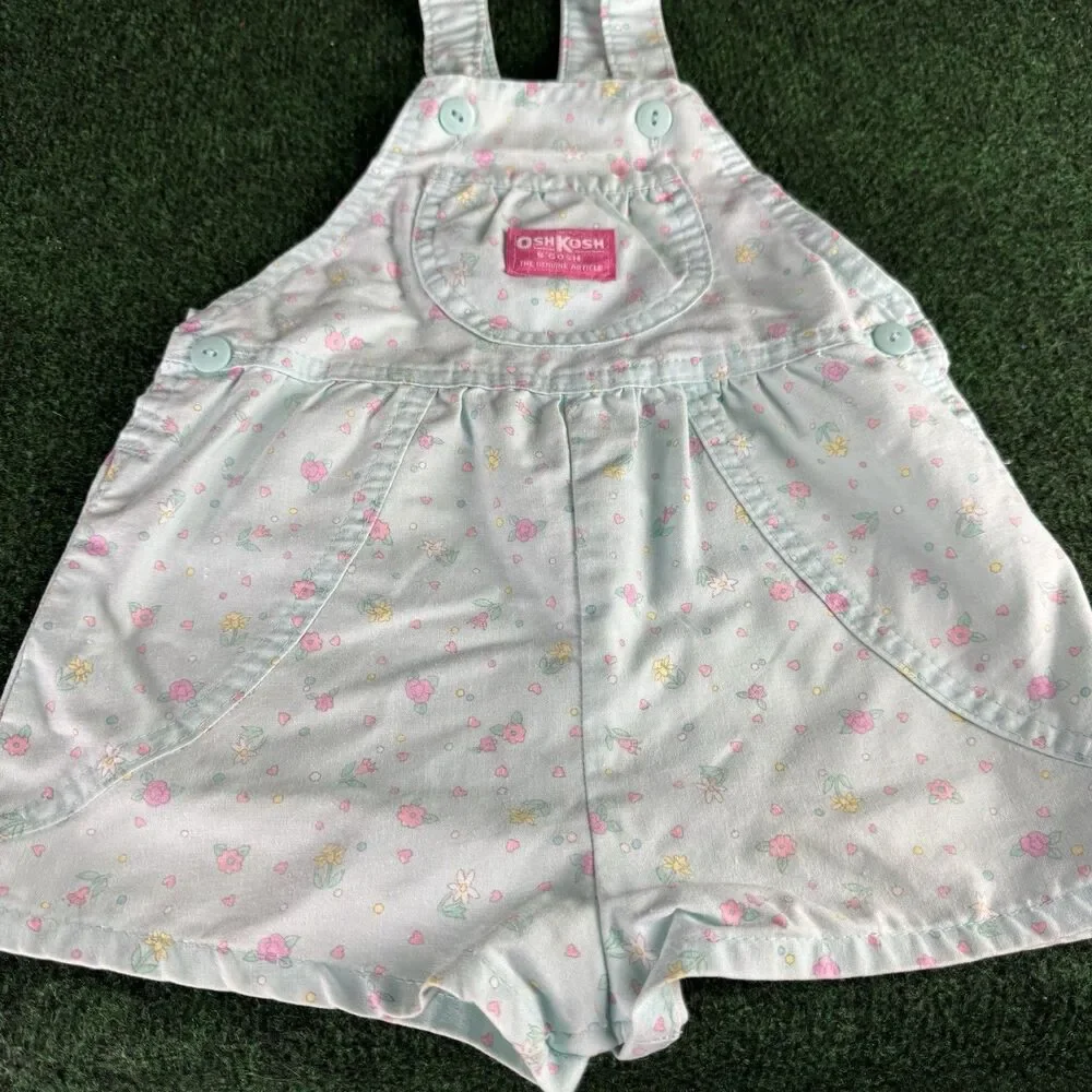 Vintage OshKosh Bgosh Overalls Baby Girls Floral Shortalls Vestbak Blue Size 5